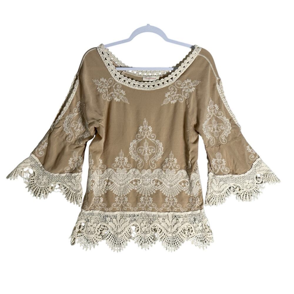 Solitaire Sz S Embroidered Crochet 3/4 Sleeve Cold Shoulder Tunic Top Bohemian